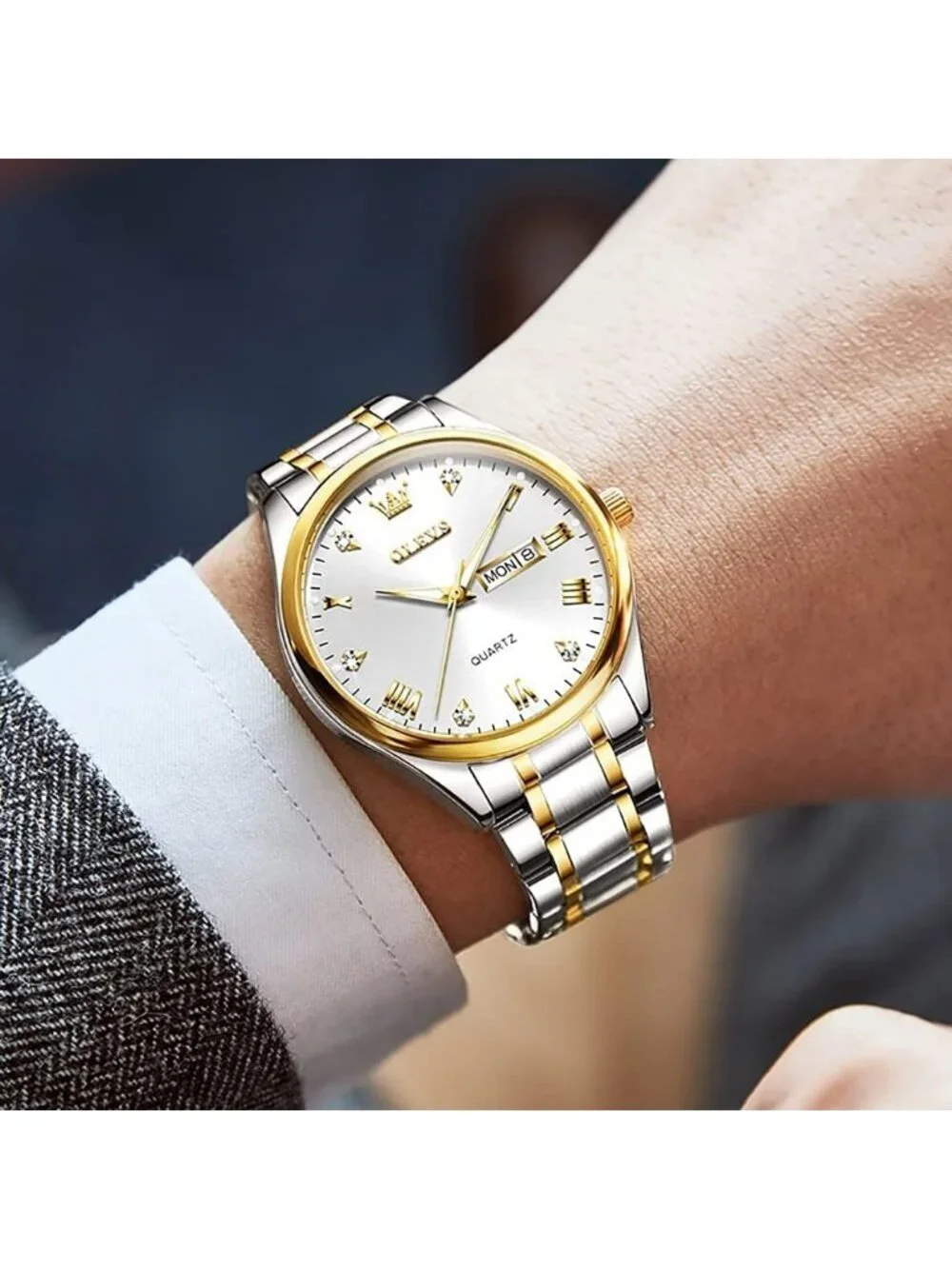 Olevs Men's Silver Gold Luxury Stainless Steel Big Analog Quartz Luminous Watch